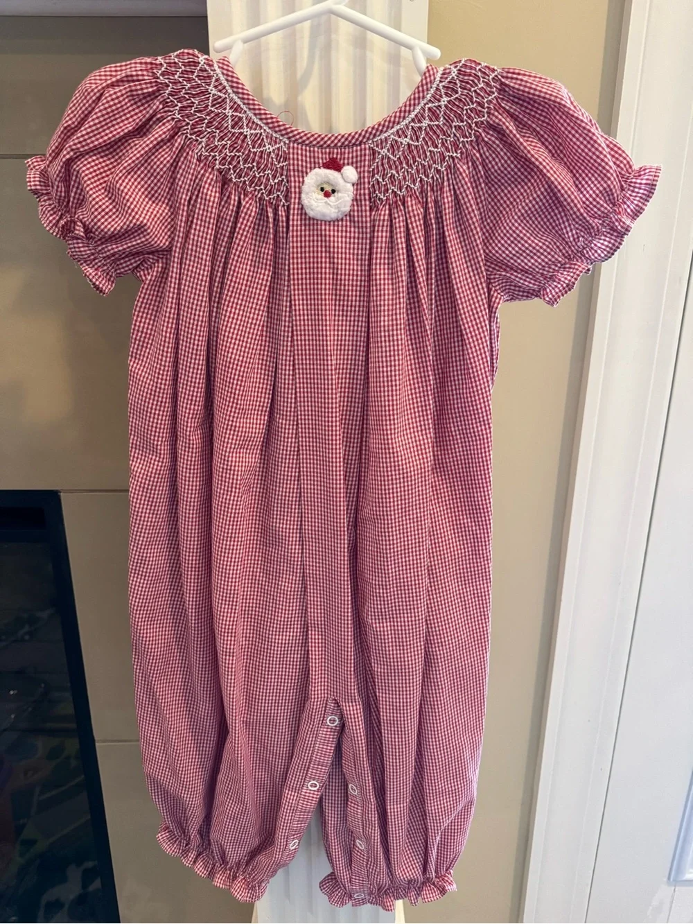 Red Gingham Baby Bubble Romper with Smocked Yoke